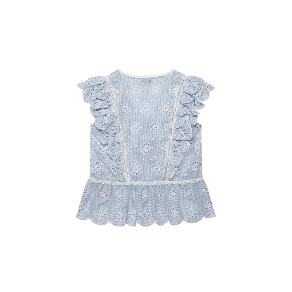 Mint Velvet Blue Cotton Broderie Striped Top